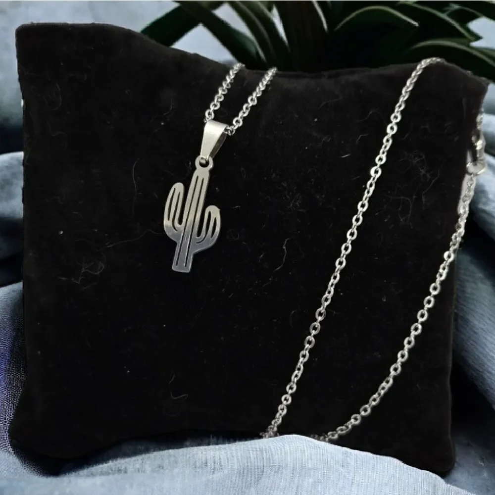 Cactus Stainless Steel Necklace Silver Saguaro Cacti Charm Pendant Western